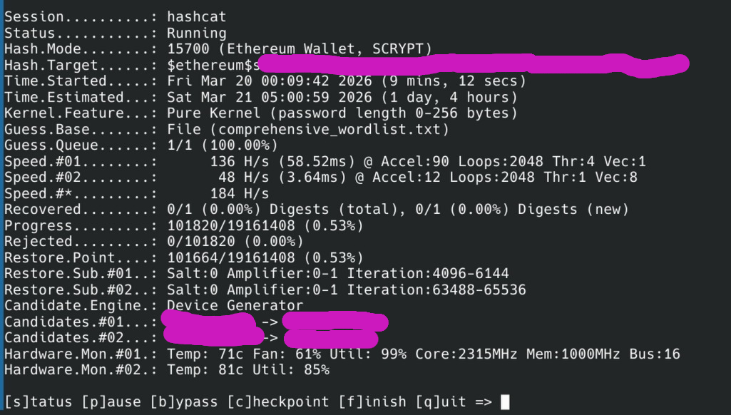 Hashcat running in Ethereum Wallet SCRYPT mode showing attack progress